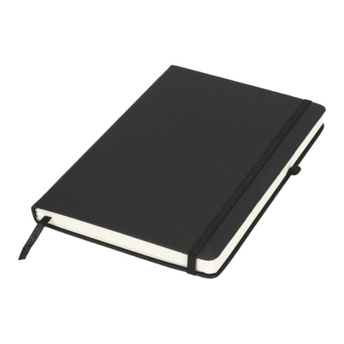 A black journal book with a plain cover, elastic band closure, and white pages. It includes a bookmark ribbon.
