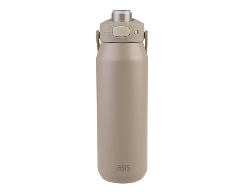 A drink bottle in a soft beige hue featuring a vacuum quick release lid and a sturdy carrying handle.