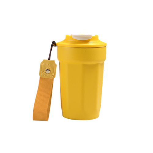 A drink bottle in vibrant yellow with a fitted lid and a strap for easy carrying. It features a logo on the side.