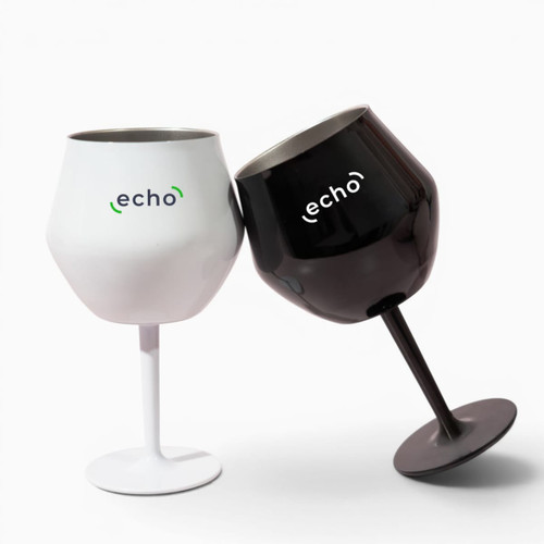 Two wine glasses, one white and one black, featuring a logo, with a detachable stem and bowl design.