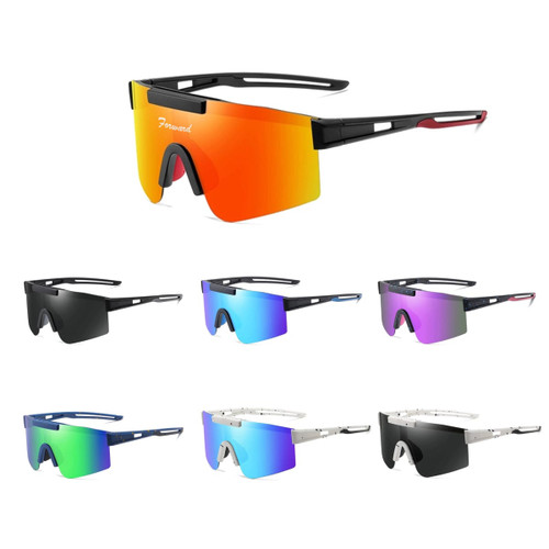 Frameless sports sunglasses in various colours, including orange, black, green, blue, and purple, with a logo.