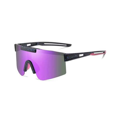 Frameless sports sunglasses in a black and pink design with a mirrored purple lens. Features a logo on the frame.