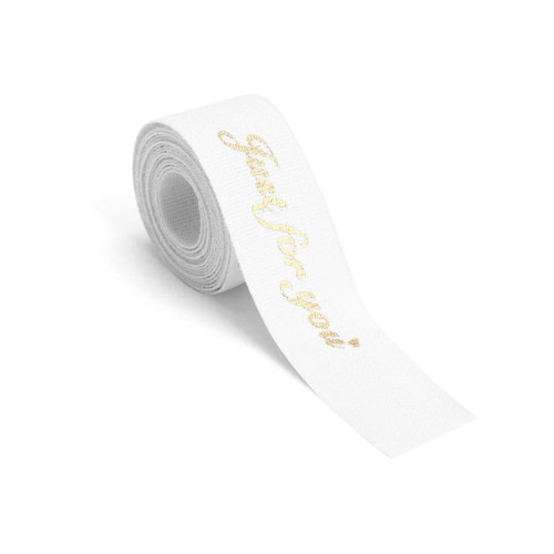 A roll of white cotton ribbon featuring a gold hot-stamped design. The ribbon has a smooth texture and a branded logo.