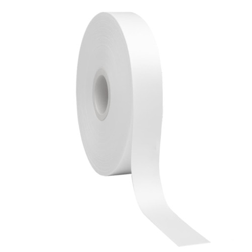 A roll of white cotton ribbon unspooling slightly, featuring a smooth finish and a cylindrical core.