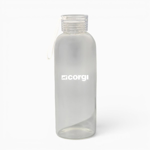 A drink bottle made of clear borosilicate glass with a screw-on lid and a logo.