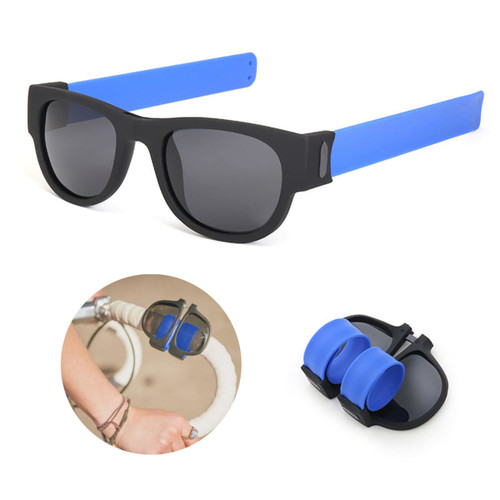 Slap band sunglasses featuring black frames with blue arms and a matching slap band accessory.