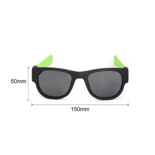 A pair of black sunglasses with green arms, featuring a sleek design and measuring 150mm by 50mm.