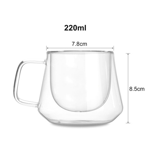 A clear double wall glass mug with a capacity of 220ml, featuring a unique geometric design and a handle.