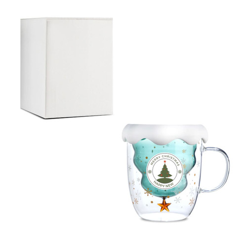 A clear glass mug with a white lid resembling snow, featuring a festive design and an included plain white box.