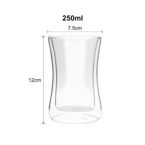 A drink bottle with a double wall design, made of clear glass, measuring 12cm in height and 7.5cm in diameter.