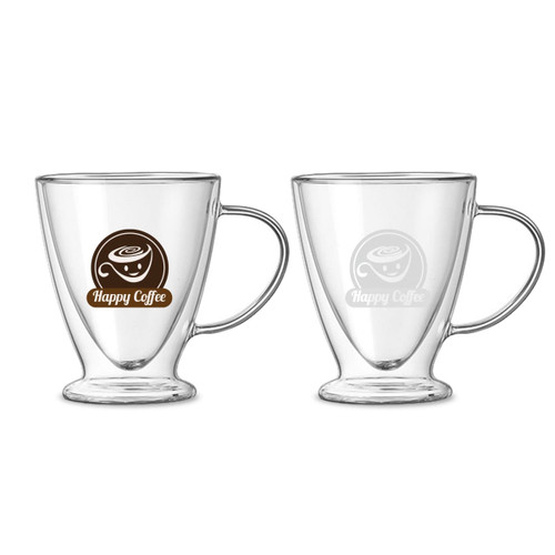 A V-shaped double wall mug in clear glass with a logo, featuring an elegant handle and a contemporary design.