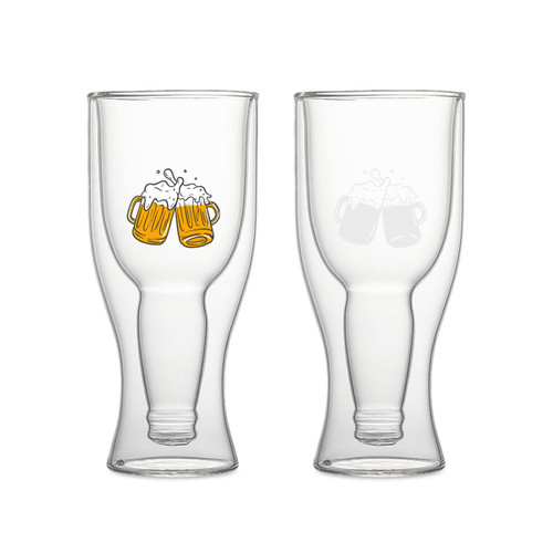 A drink bottle with a double wall design, clear glass, featuring a logo of two beer mugs.