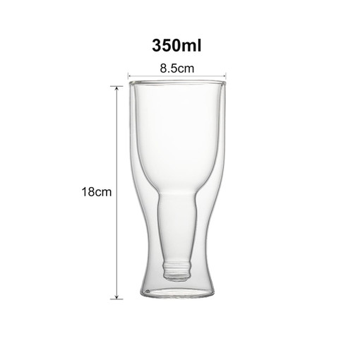 A drink bottle with a double wall design, made of clear glass, holding 350ml and measuring 18cm in height.