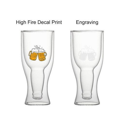 A drink bottle featuring a unique double wall design, in clear glass with decorative beer imagery and a logo.