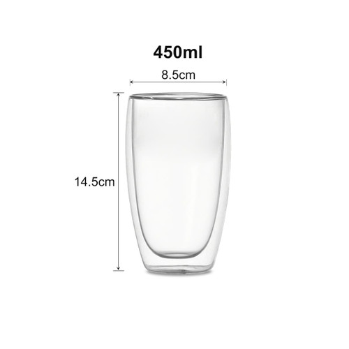 A double wall glass with a translucent design, measuring 14.5 cm in height and 8.5 cm in diameter.