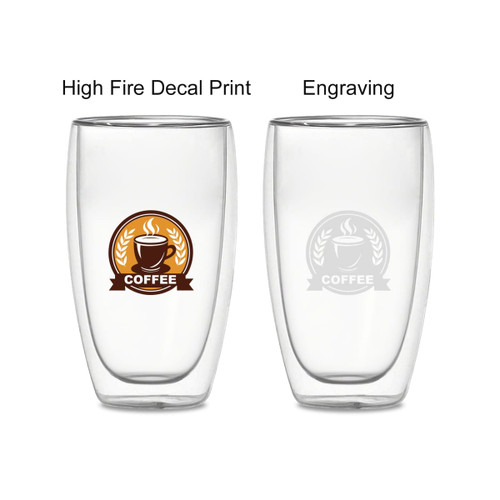 A double wall glass product with a coffee-themed logo and a smooth, clear design. Features options for print and engraving.