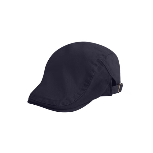A navy beret hat featuring a soft fabric and a adjustable strap at the back.