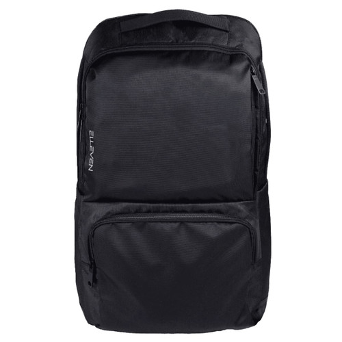 A black backpack featuring multiple zippered compartments and a logo on the front.