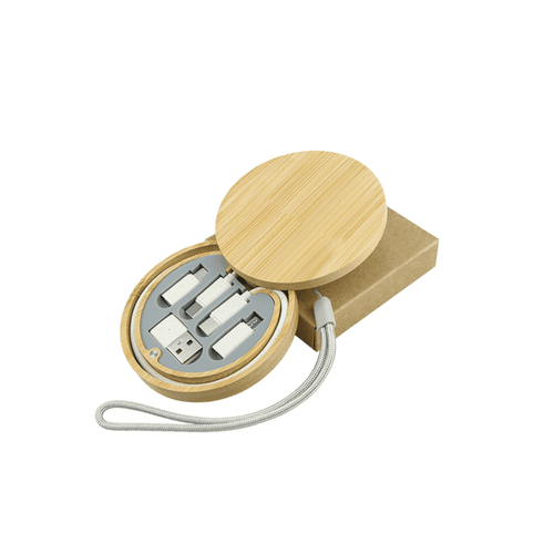 A bamboo circular cable kit featuring multiple charging cables and a USB connector, all housed in a stylish bamboo case.