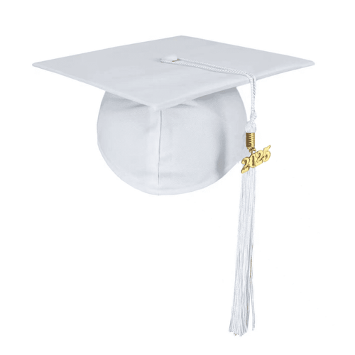 A white mortarboard graduation cap featuring a gold tassel with the year 2025 and a casual logo.