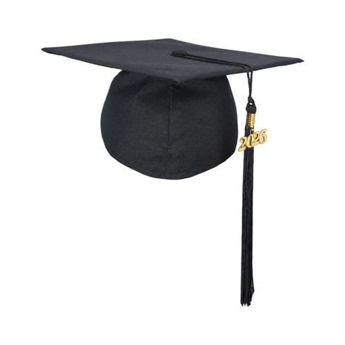 A black mortarboard graduation cap featuring a gold tassel with the year 2026 attached.