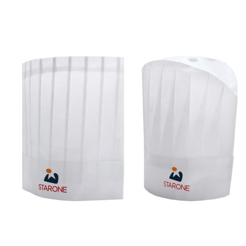 A white disposable non-woven chef hat, featuring pleats and a logo, measuring 29cm in height.