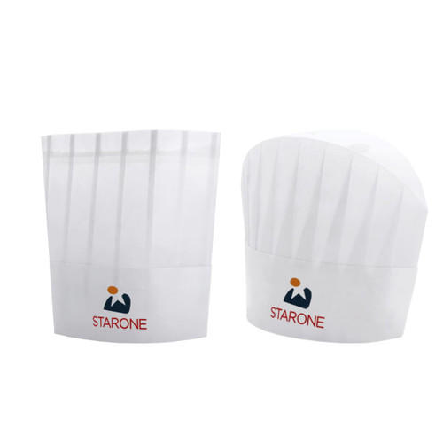 A disposable non-woven chef hat in white, featuring pleats and a logo on the front.