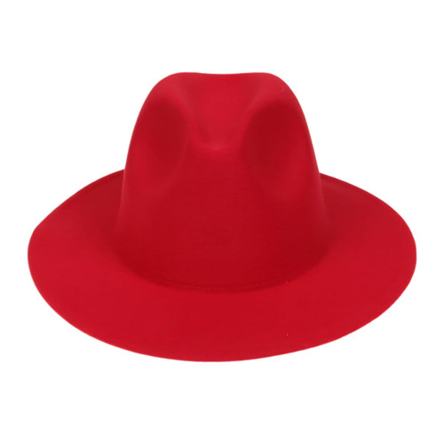 A red wide brim fedora hat with a smooth finish and a subtly rounded crown, featuring a logo.