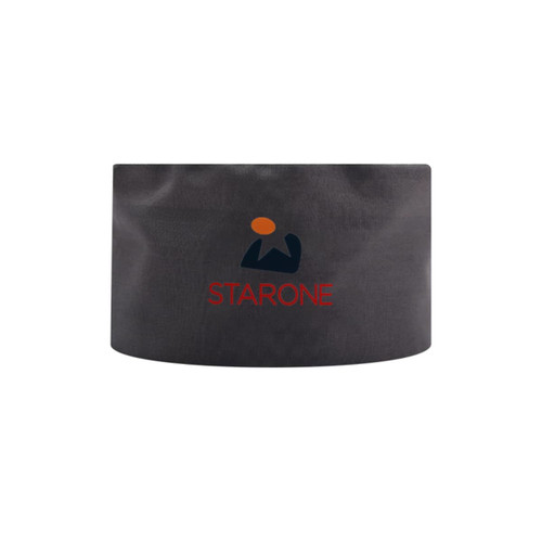 A dark grey chef skull cap featuring a logo with orange and black elements.