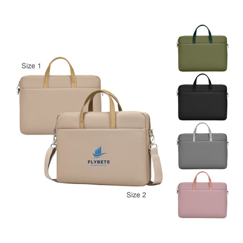 A laptop bag in beige and grey, featuring handles, a shoulder strap, and a logo. Available in multiple colours.