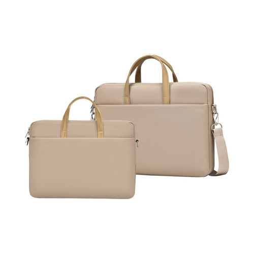 A beige sling laptop bag with a buffer pad, featuring handles and a detachable shoulder strap. It includes a logo.