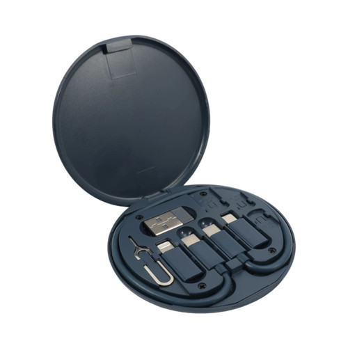 A circular navy blue kit containing various charging cables and a connector, stored neatly in a compact case.
