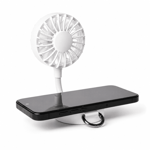 A white rechargeable fan attached to a phone stand, displaying a black smartphone. The fan features a flexible neck.