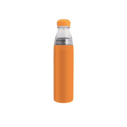 A drink bottle in vibrant orange stainless steel with a clear top, featuring a logo on the side.
