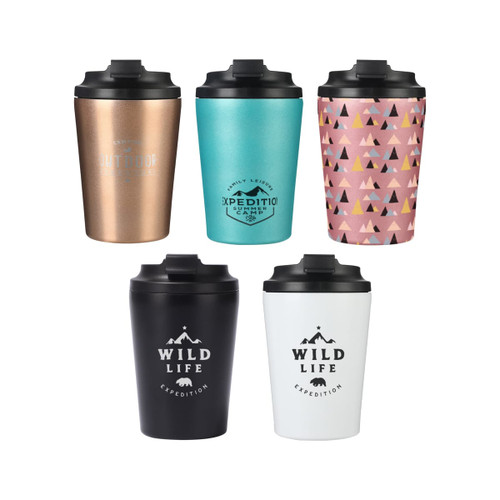 A set of five 350ML spray-painted stainless steel coffee mugs in various colours: copper, teal, pink, black, and white, featuring various designs and logos.