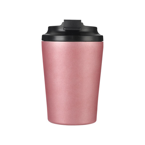 A drink bottle in a rose gold finish with a black lid and a logo on the side.