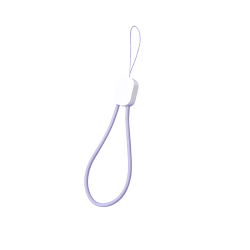 A flexible lilac phone strap with a white clasp, designed for charging convenience. It includes a hanging loop.