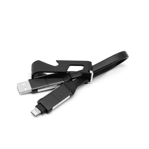 A black 60W charging cable featuring a phone stand and opener, with a stylish strap for organisation.