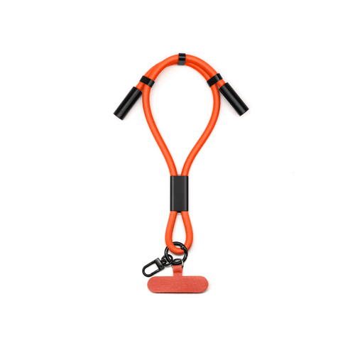 An orange charging phone strap with black connectors and a clip attachment.