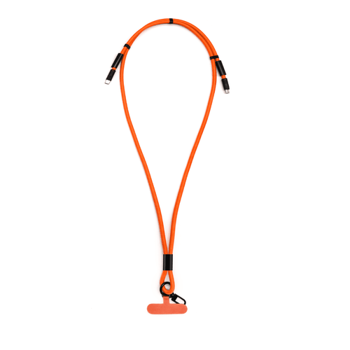 An orange charging phone lanyard with dual connectors and a clip at the bottom. It features a logo.
