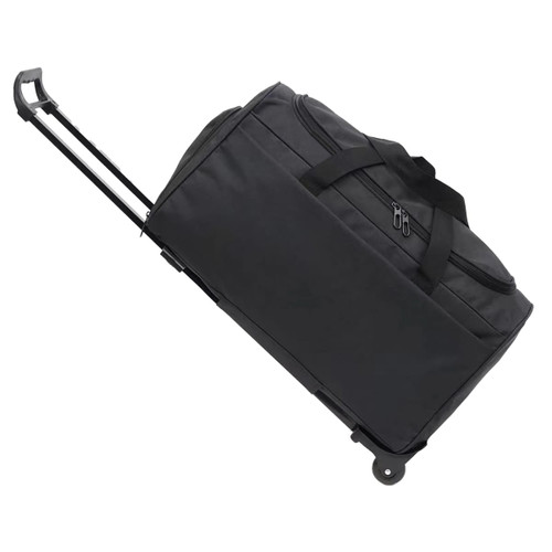A wheeled duffel bag in black with a retractable handle and side straps for easy carrying. It features a logo.