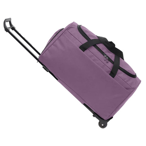 A wheeled duffel bag in a vibrant purple shade, featuring a retractable handle and black accents.