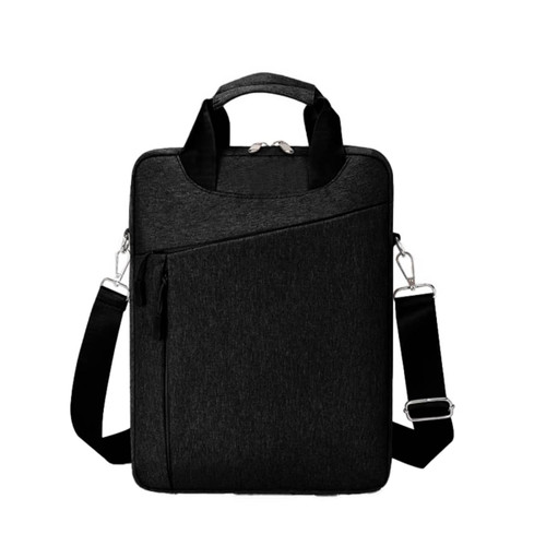 A black Business Sling Laptop Bag with a textured finish, featuring a handle, adjustable strap, and zippered pockets.