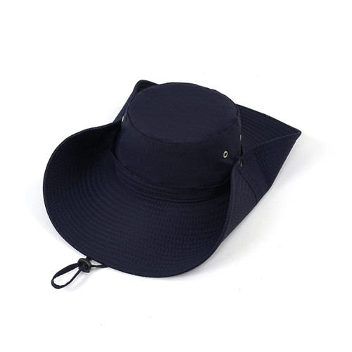 A wide brim sun hat in navy blue with a circular top and extended side brims, featuring ventilation holes and a logo.