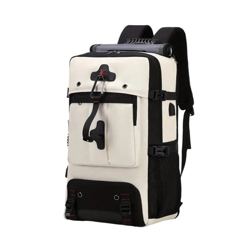 A convertible backpack to duffel bag in cream and black, featuring multiple pockets and a sturdy design.