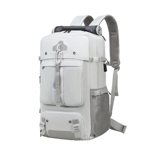 A convertible backpack in grey with dual straps, featuring multiple pockets and a roll-top design. 