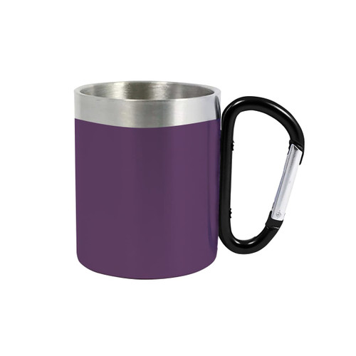 A drink bottle features a purple body, stainless steel rim, and a black carabiner handle. It has a logo on the front.