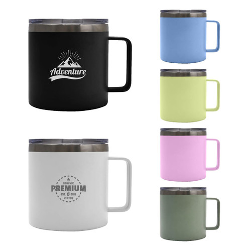 A collection of 450ML RCS recycled stainless steel coffee cups in black, blue, lime, pink, and white, with handles.
