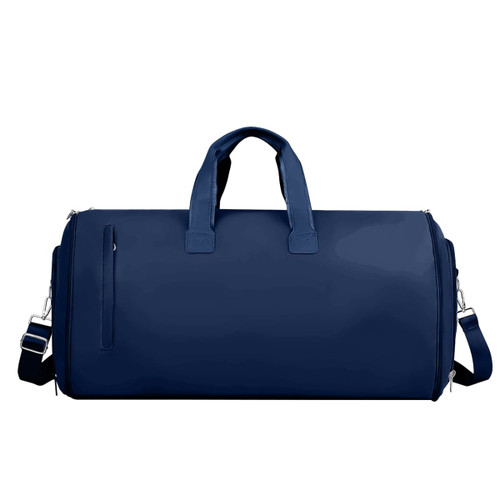 A navy blue duffel bag with dual handles and a detachable shoulder strap, featuring a side zip pocket.
