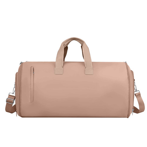 A beige duffel bag with double handles and a detachable shoulder strap, featuring a side zipper pocket and a branding logo.